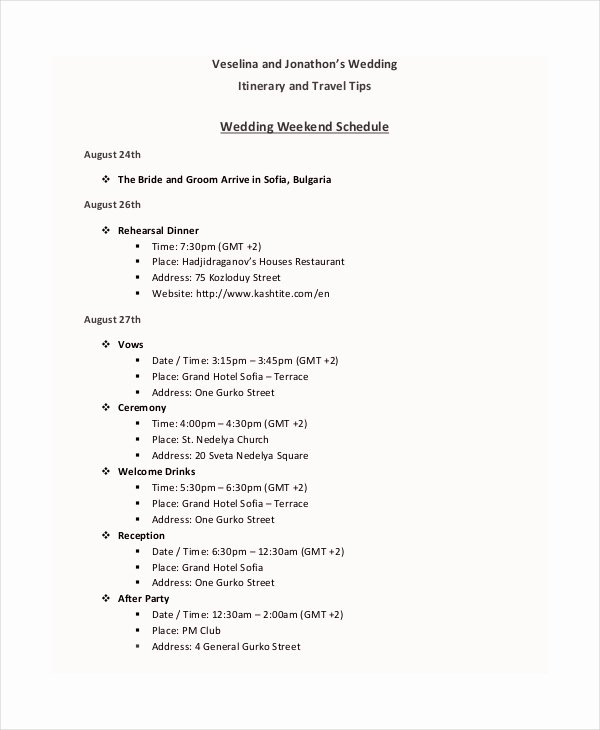 Wedding Weekend Itinerary Template Free Unique 7 Wedding Itinerary Template Free Sample Example