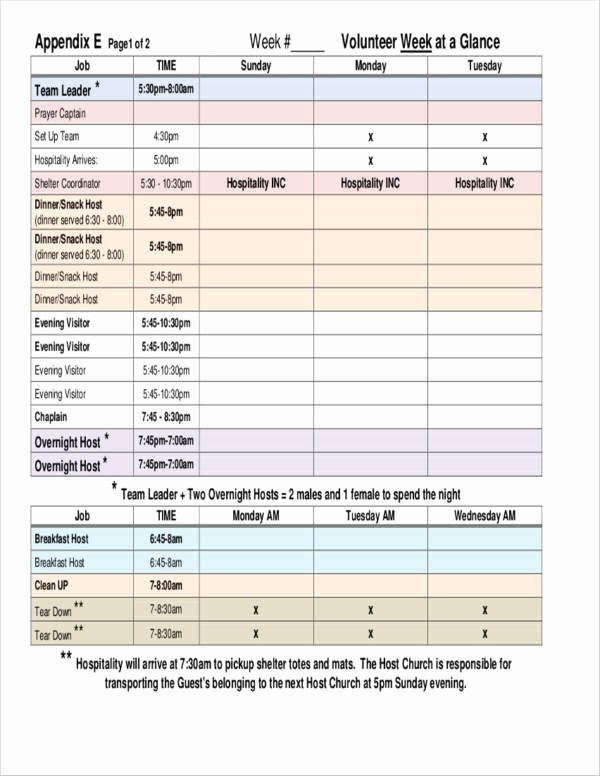 Week at A Glance Templates Elegant 5 Volunteer Schedule Samples and Templates – Pdf