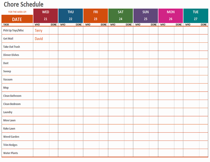 Week Schedule Template Excel Beautiful Weekly Chore Schedule