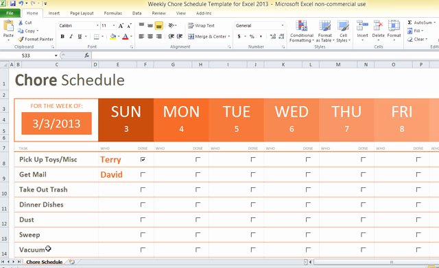 Week Schedule Template Excel Unique Weekly Chore Schedule Template for Excel 2013