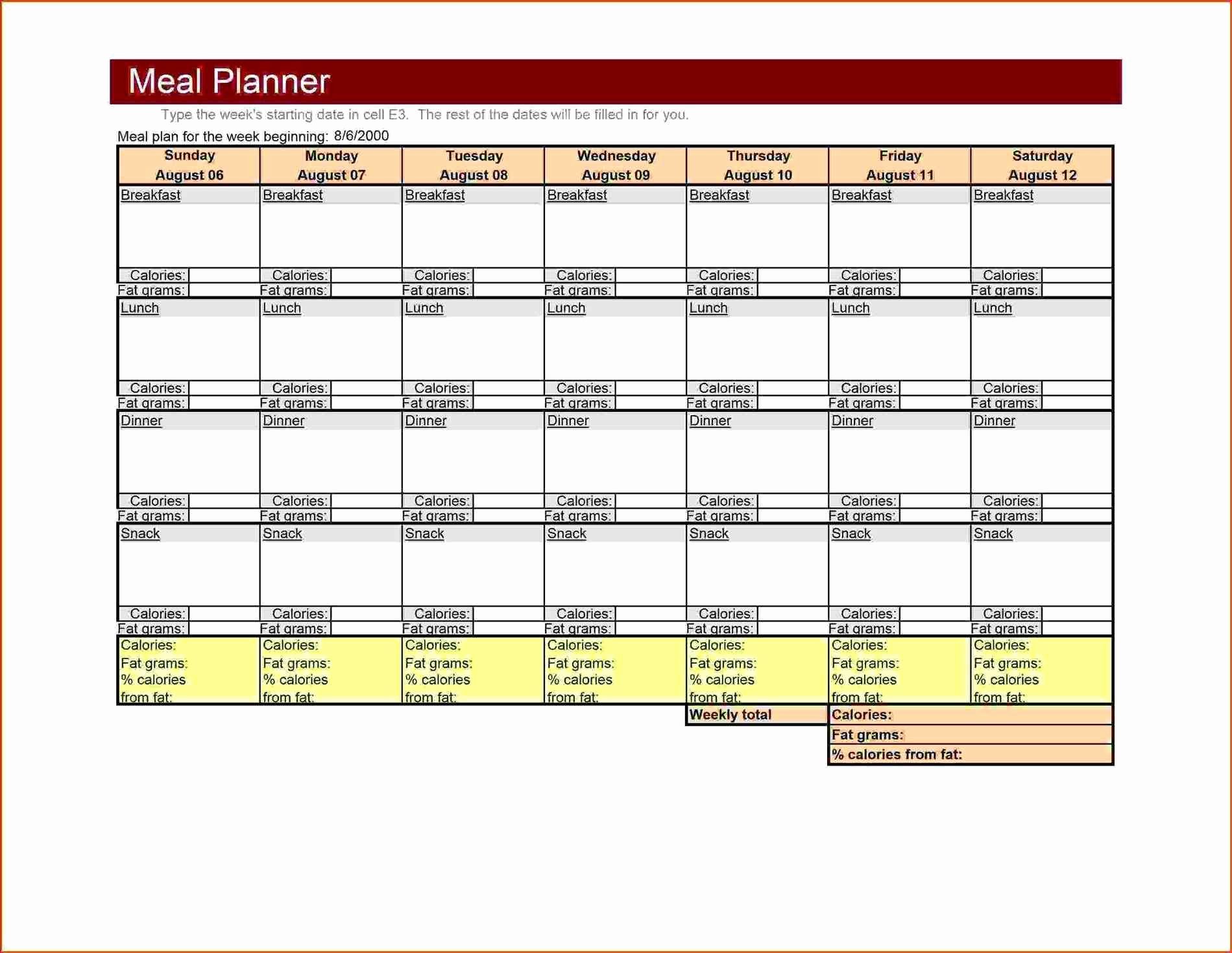 Weekly Meal Planner Template Word Unique Large Weekly Menu Template Excel Meal Planner