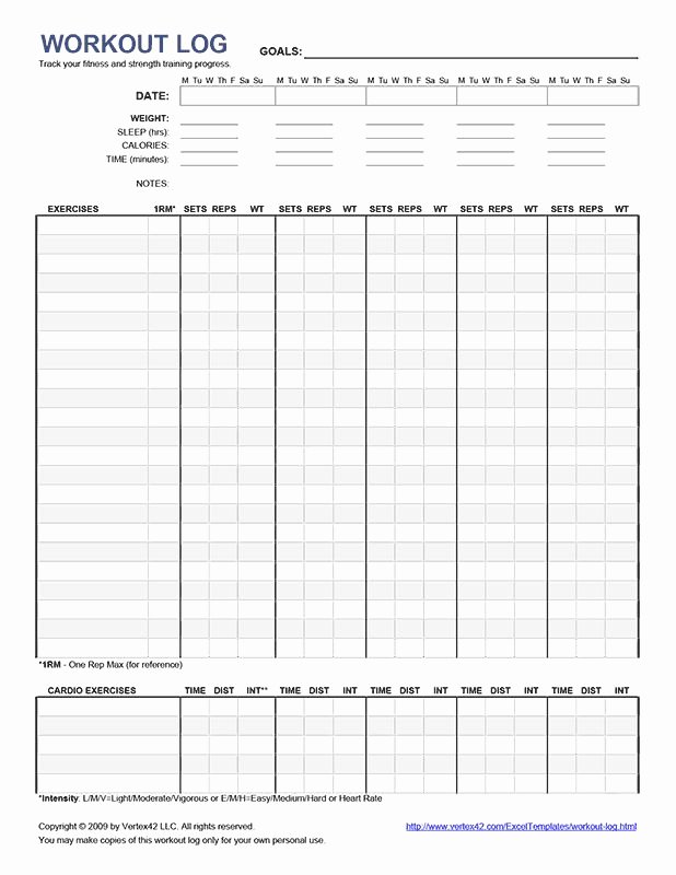 Weight Lifting Tracking Sheet New Free Printable Workout Log Pdf From Vertex42