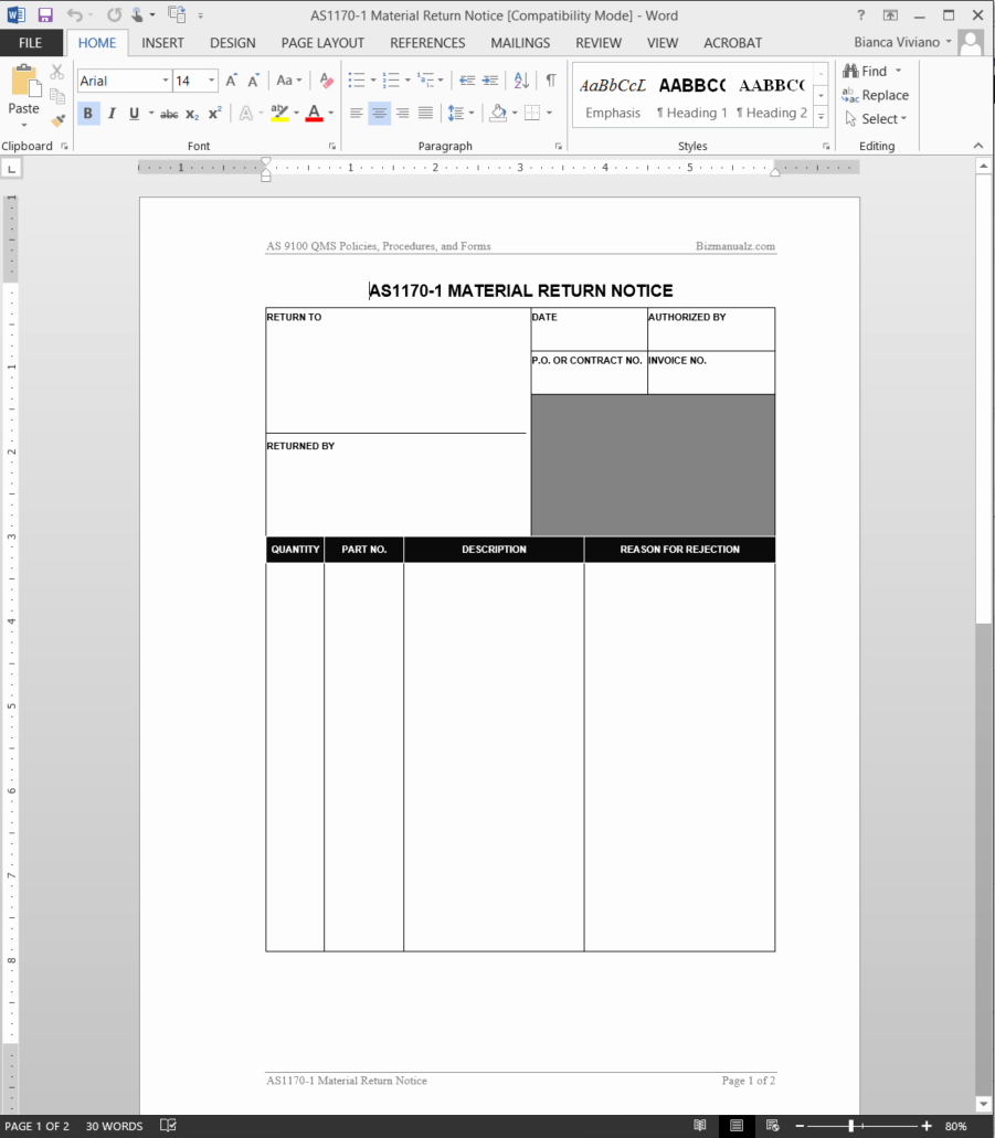 Wire Instruction Template Best Of Material Return Notice as9100 Template