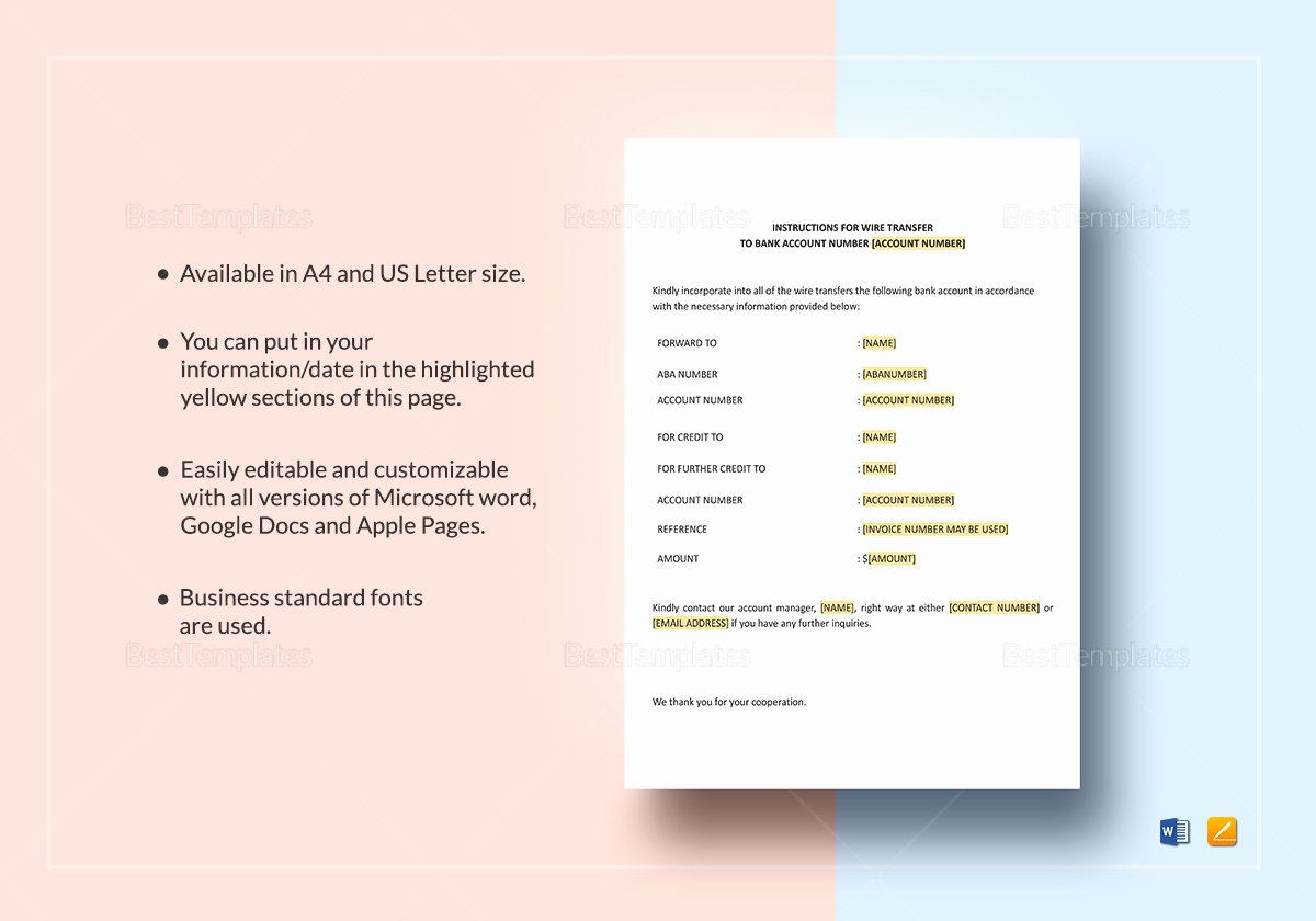 Wire Instruction Template Lovely Wire Transfer Instructions form Template In Word Apple Pages