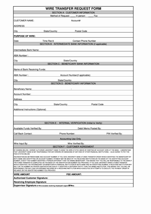 Wire Instructions Template New Fillable Wire Transfer Request form Printable Pdf