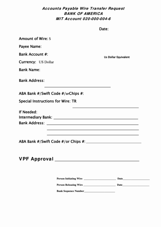 Wire Transfer Instructions Template Fresh Accounts Payable Wire Transfer Request form Bank