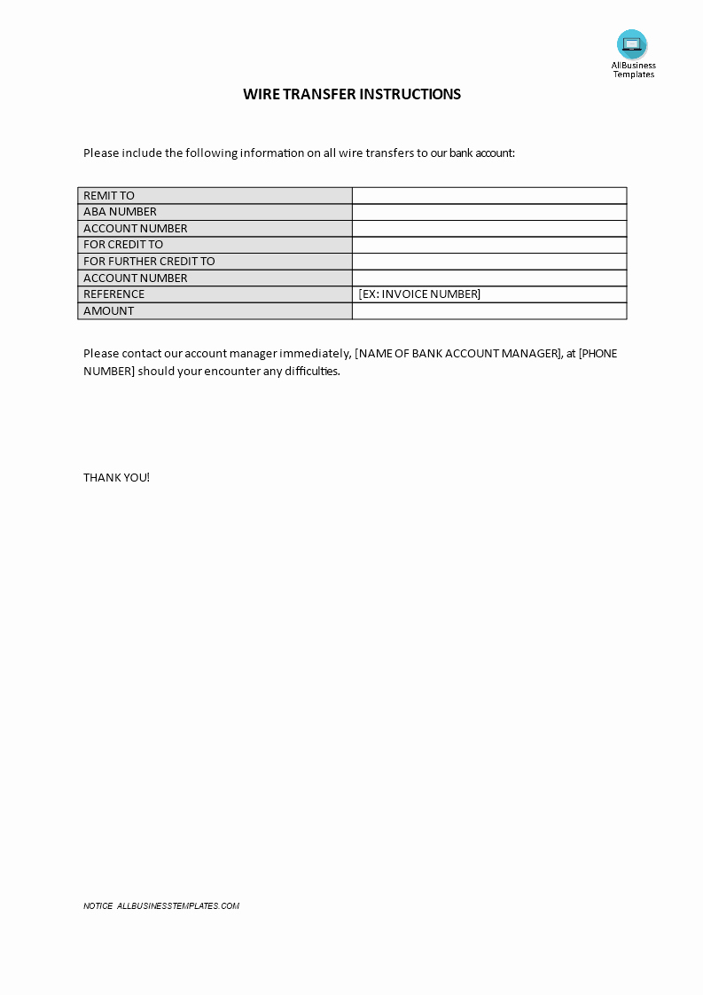 Wiring Instructions Template Lovely Wire Transfer Instructions form