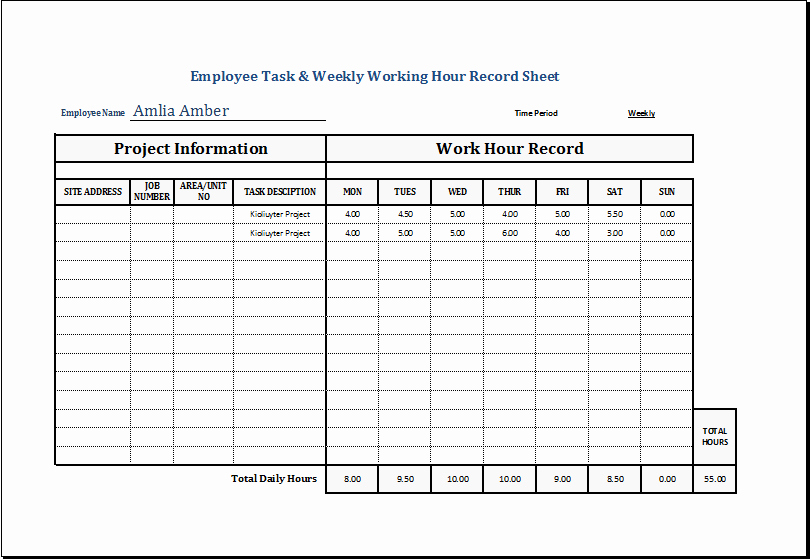 Work Hour Sheet Best Of Employee Task &amp; Weekly Working Hour Record Sheet
