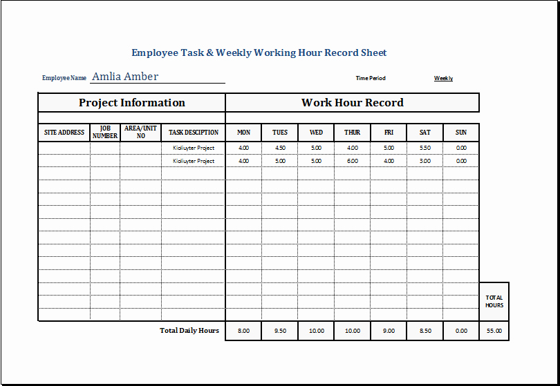 Work Hours Log Sheet Beautiful Employee Task &amp; Weekly Working Hour Record Sheet