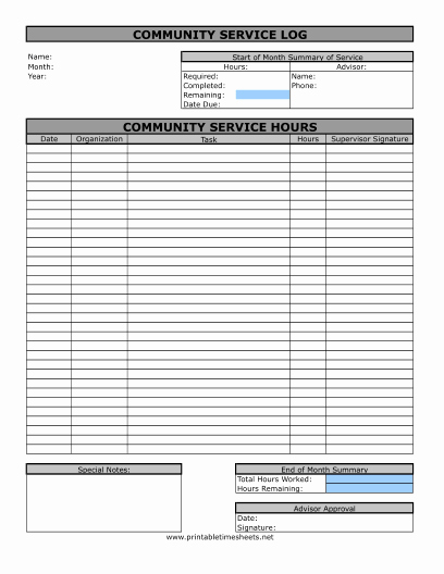 Work Hours Sheet Unique Munity Service Timesheet Printable Time Sheets Free to