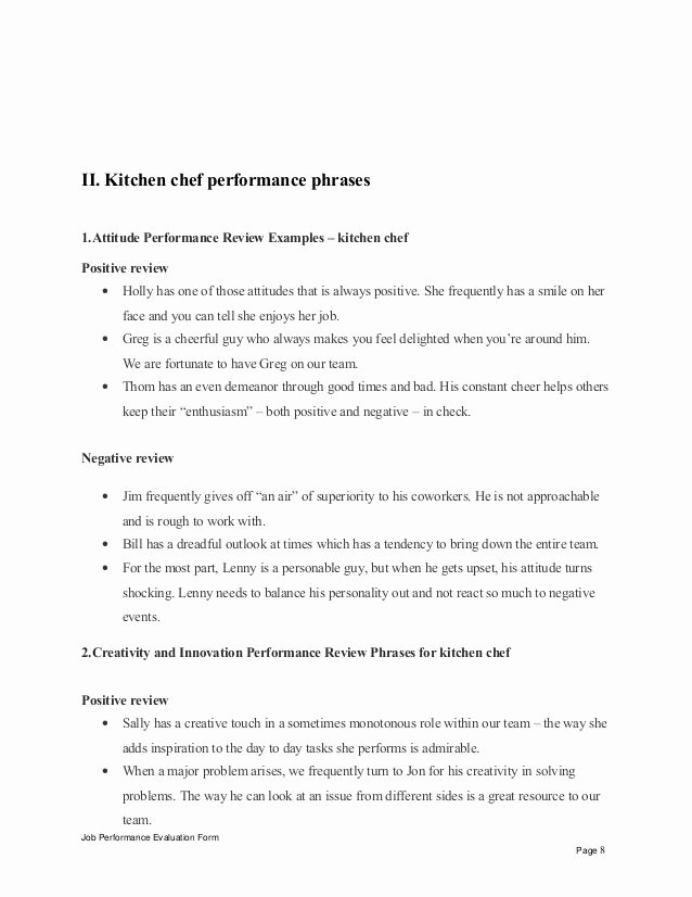Work Performance Examples Luxury Ii Kitchen Chef Performance Phrases 1 attitude