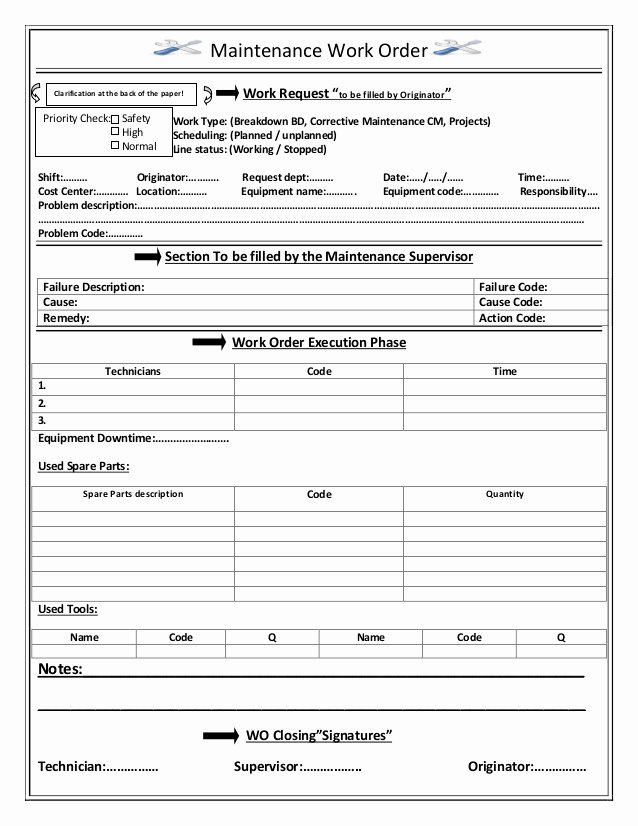 Work Request form Inspirational Maintenance Work order Sheet