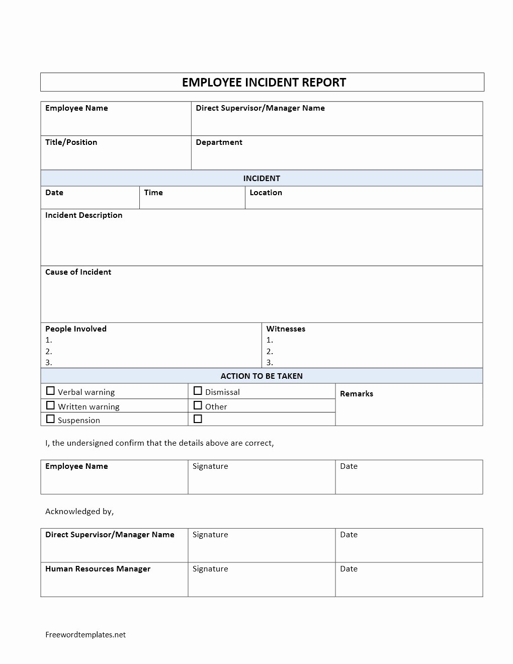 Workplace Incident Report form Template Free Inspirational Employee Incident Report