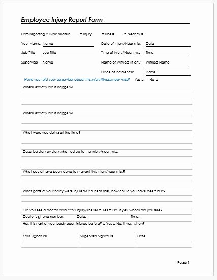 Workplace Incident Report form Template Free Inspirational Employee Injury Report form Template