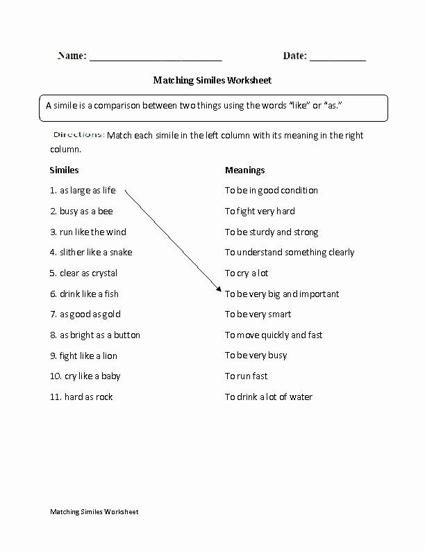 Writing Good Hooks Worksheet Luxury Matching Similes Worksheet Teaching