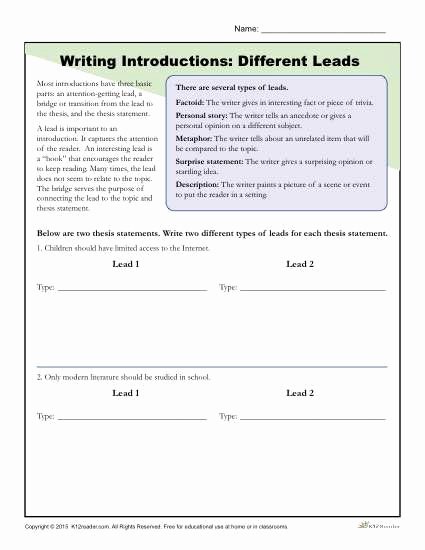 Writing Good Hooks Worksheet New How to Write An Introduction Different Leads Worksheet