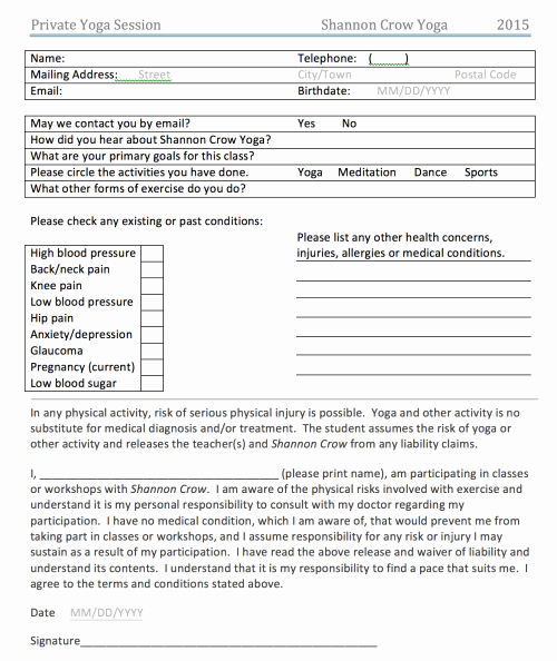 Yoga Release forms Beautiful Private Yoga Class Waiver form Shannon Crow