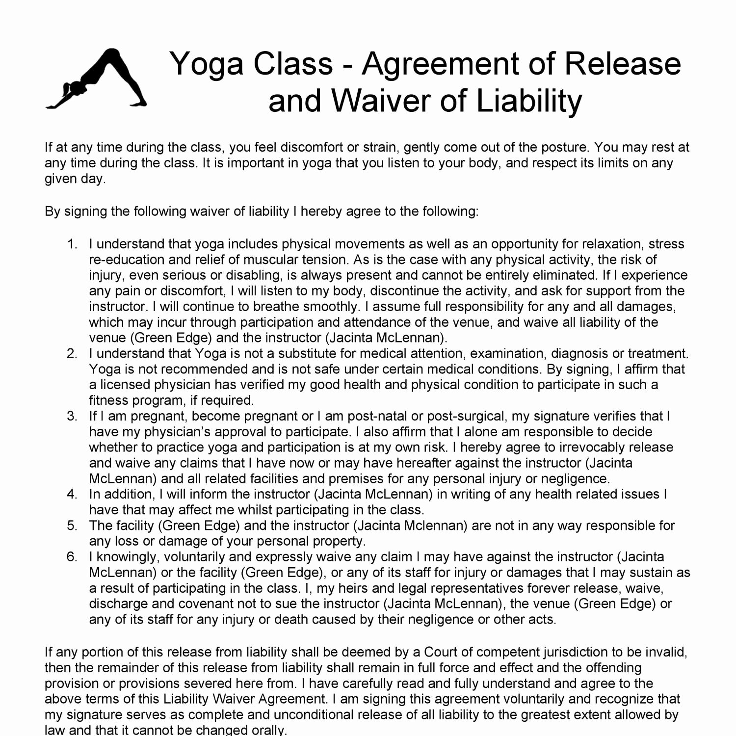 Yoga Release forms Best Of Yoga Release and Waiver form Teaching Pdf