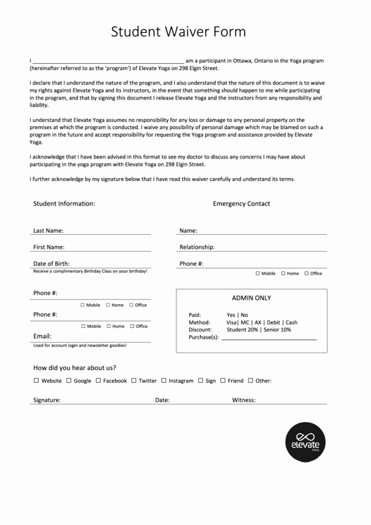 Yoga Release forms Elegant Student Waiver form Elevate Yoga Printable Pdf