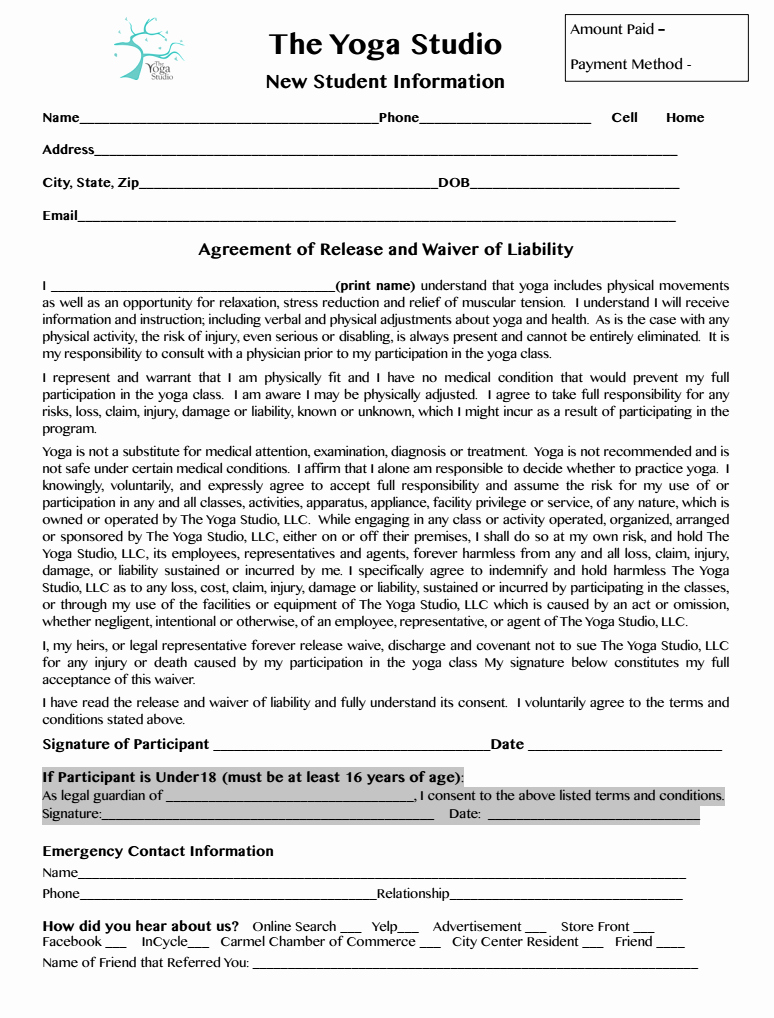 Yoga Release forms Fresh New Student Consent form