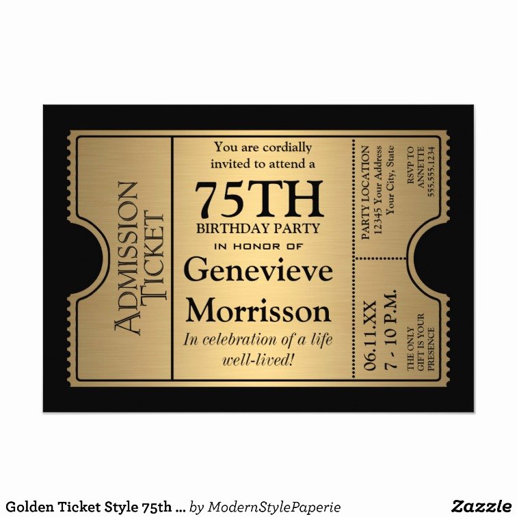 You are Cordially Invited Template Luxury Golden Ticket Style 75th Birthday Party Invite