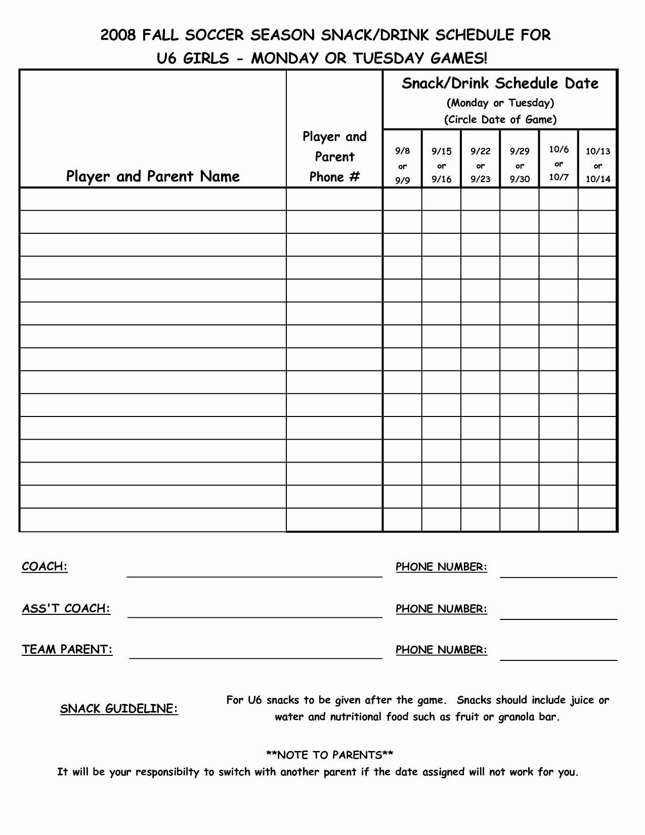 Youth Football Practice Schedule Template Unique Snack Schedule Template