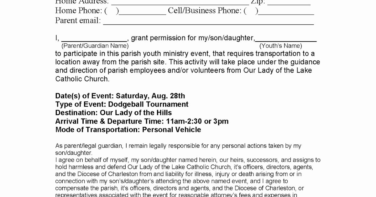 Youth Group Permission Slips Awesome Our Lady Of the Lake Youth Ministry Permission Slip for