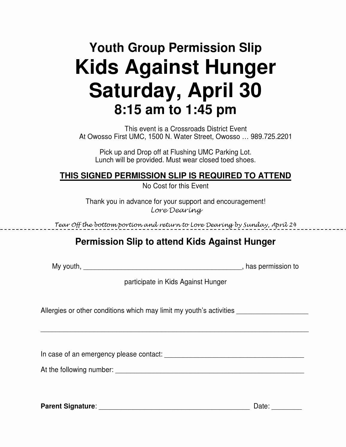 Youth Group Permission Slips New Youth Group Permission Slip Kids Against Hunger by