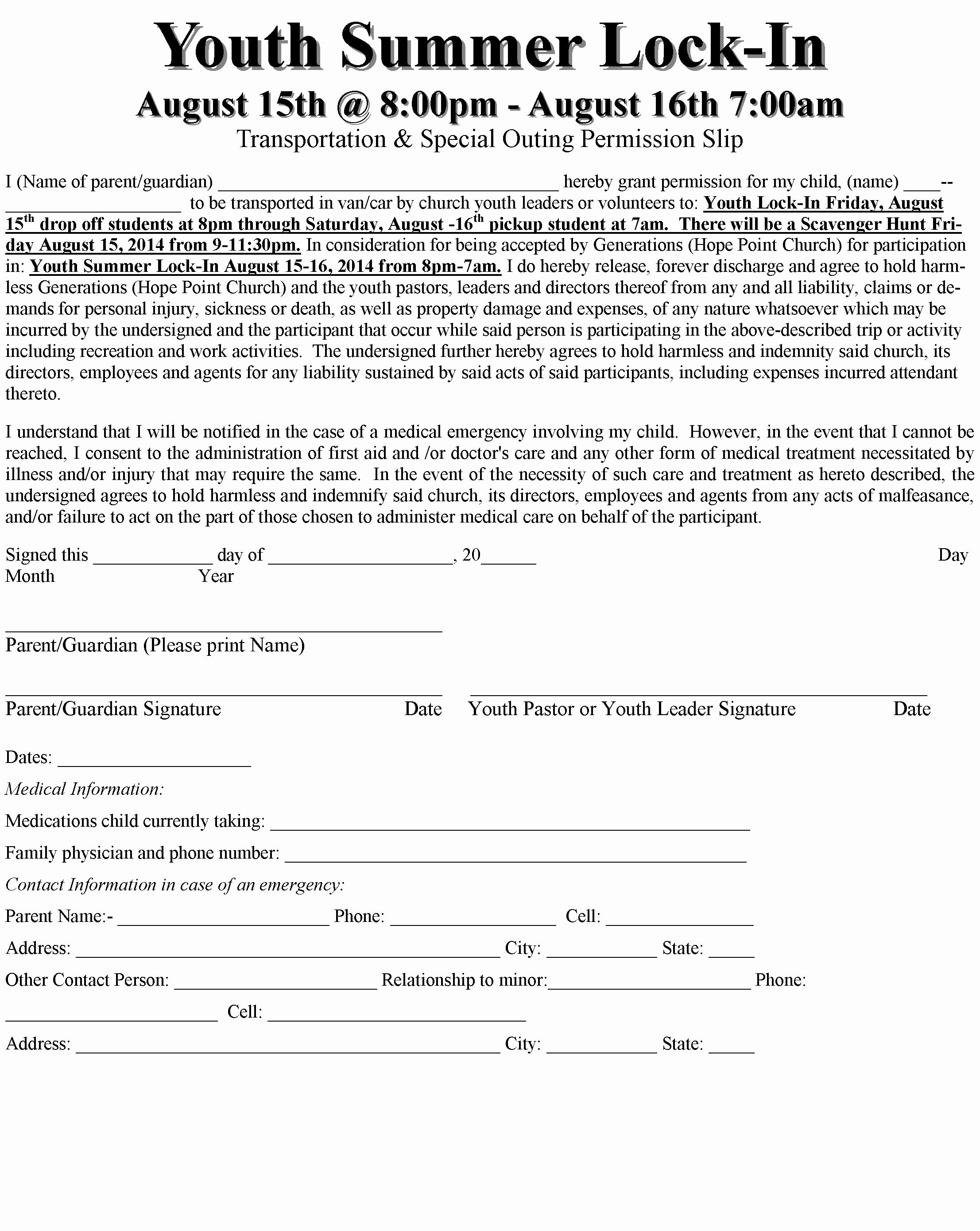 Youth Group Permission Slips New Youth Summer Lock In Permission Slip – Hope Point Church